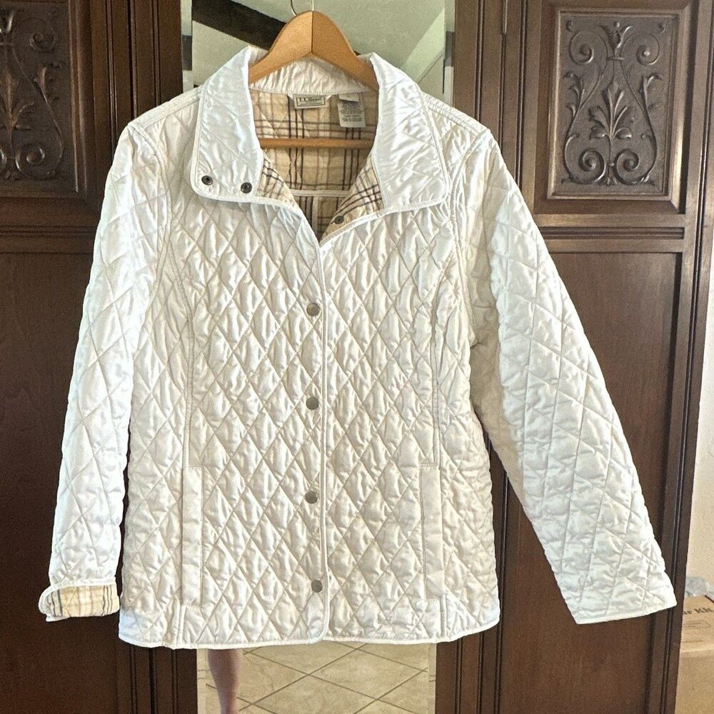 LL Bean Quilted Jacket Womens Petite L Cream White Snap Front Plaid Lined 268157